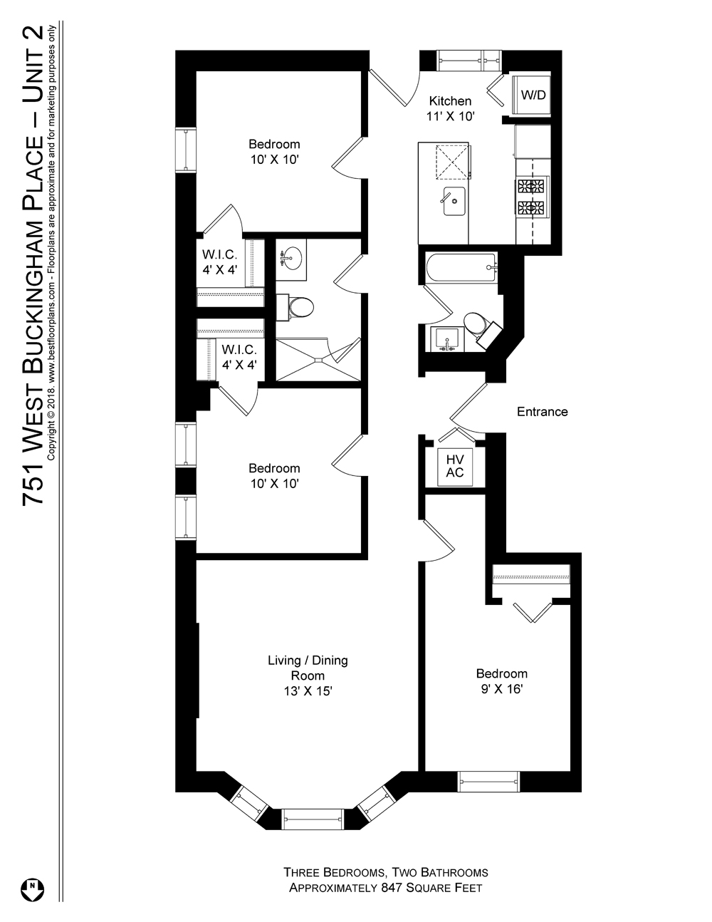 Floor plan for 3 beds, 2 baths, 988 sqft
